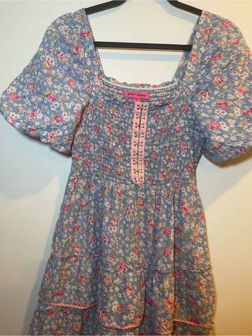 Betsey Johnson blue floral mini dress with pink accents size S